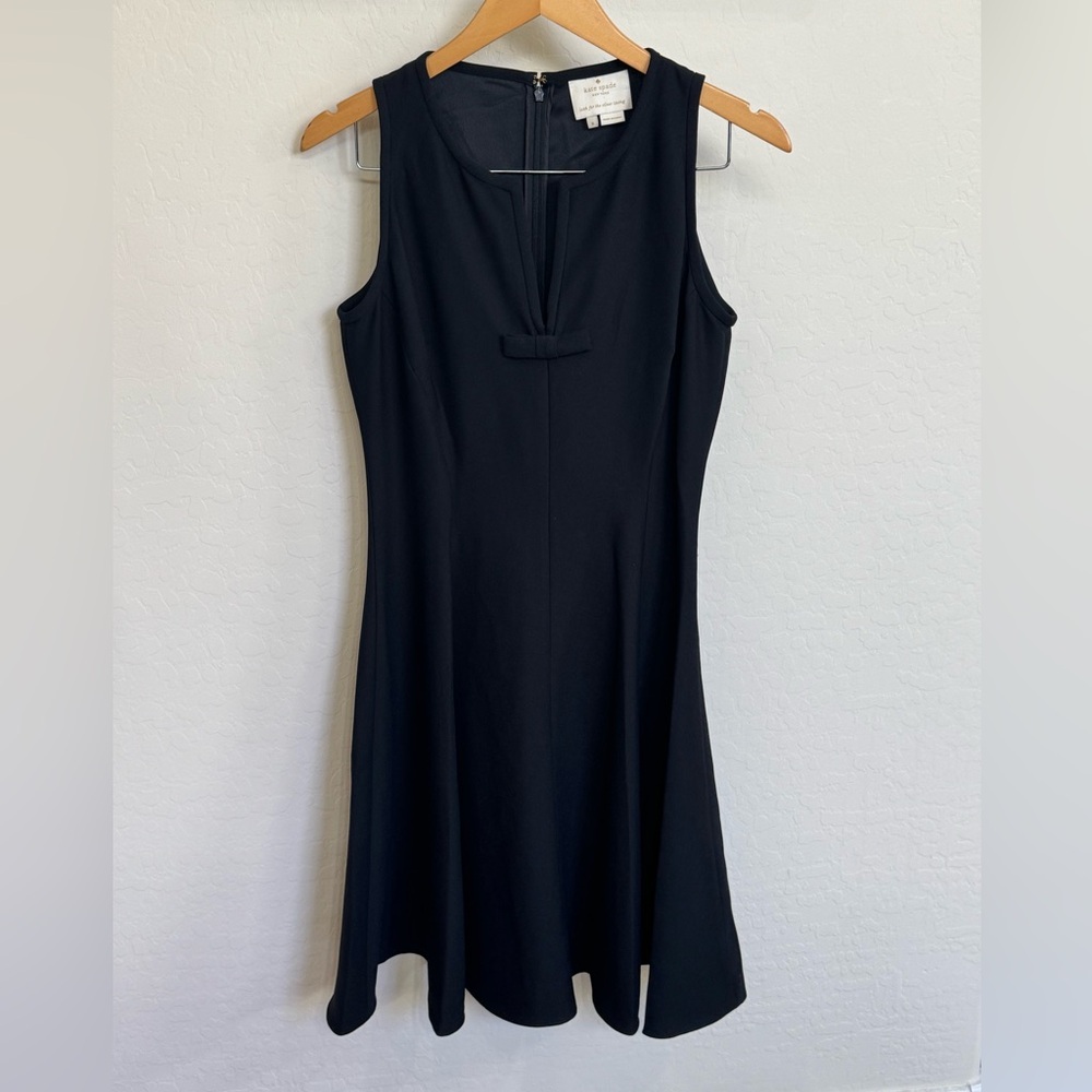 kate spade Black Sleeveless Crepe Fit & Flare Midi Dress Split Neckline Bow